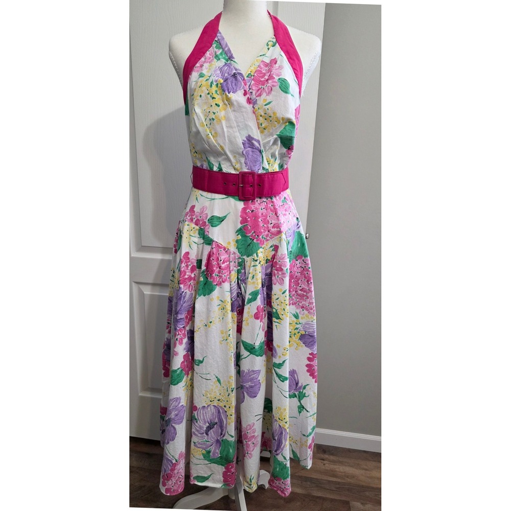 Vintage Dawn Joy Fashions Floral Halter Dress Pink White Cotton Belted Sz 11-12